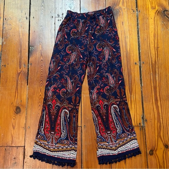 Blu Pepper Ladies Paisley Print Wide-Leg Pull On Pants Size M Navy Red Tassels - Picture 1 of 12